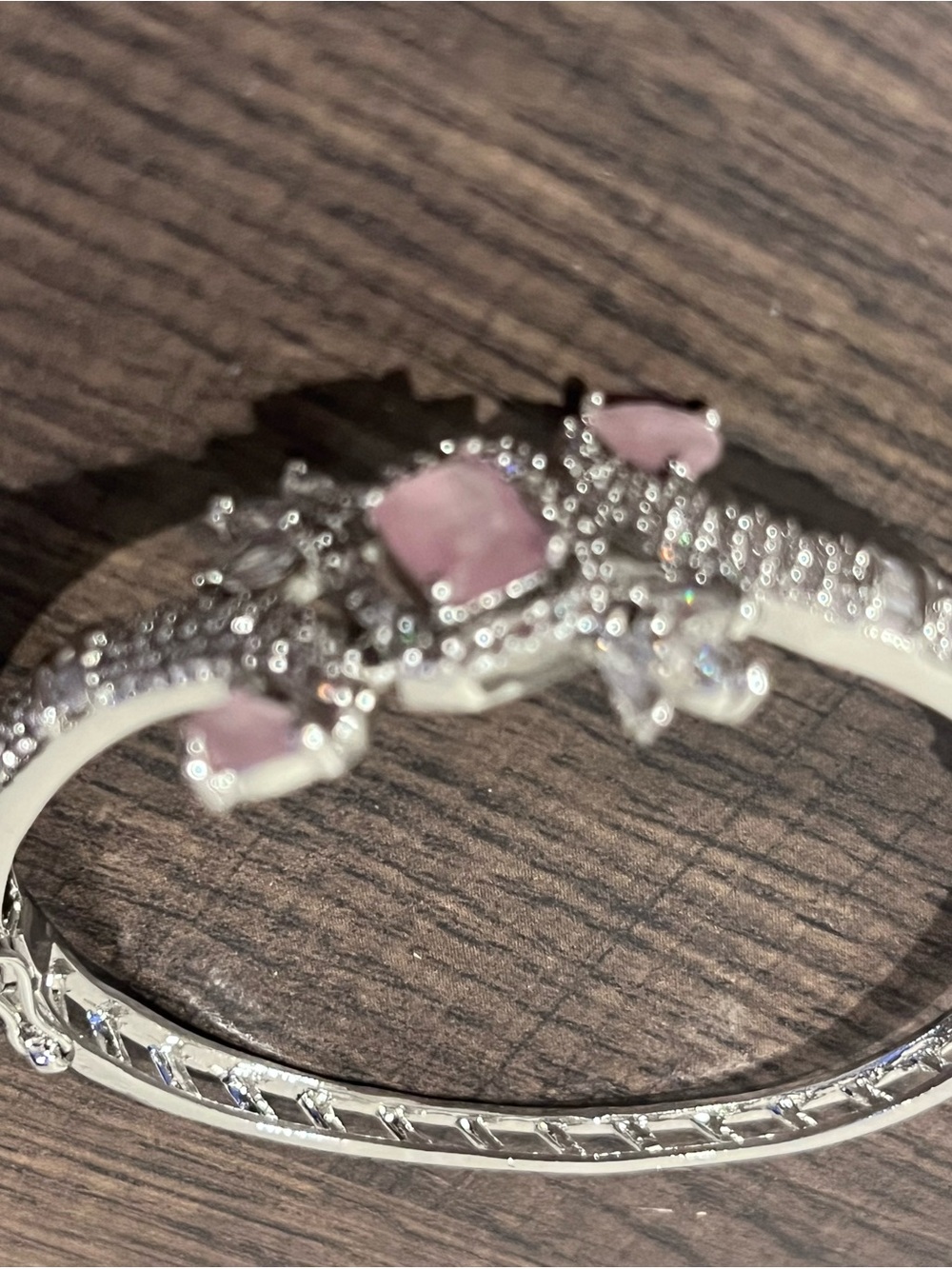 Elegant Pink Stone Silver-Tone Bangle Bracelet - Women Jewelry imported - Picture 3 of 3